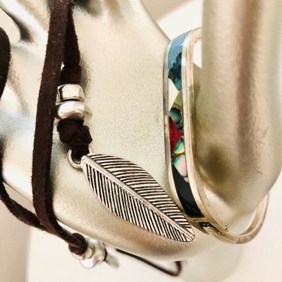 Vintage Southwestern Feather Lariat & Abalone Inlay Bracelet - Picture 2 of 12